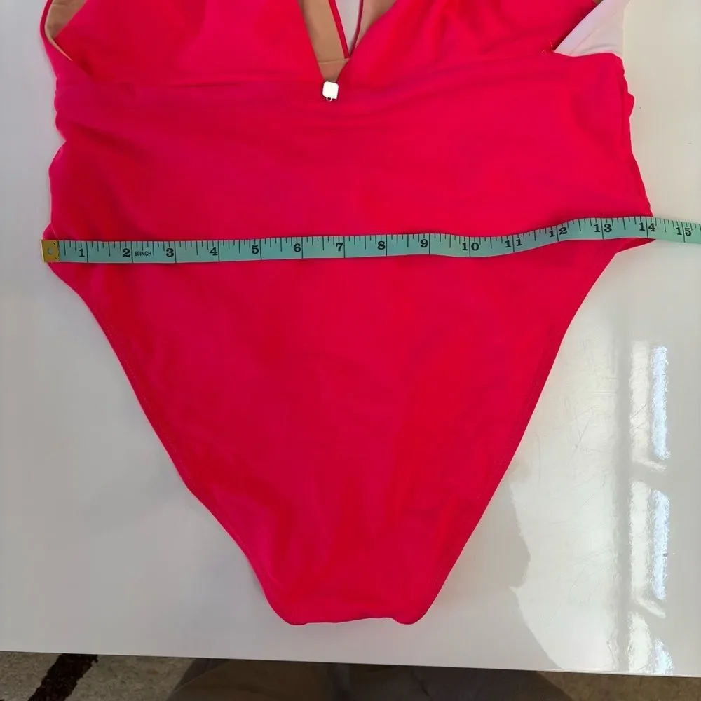 Fabletics Maro Mallet Medium One-Piece Swimsuit Plunge Front/Back Hot Coral